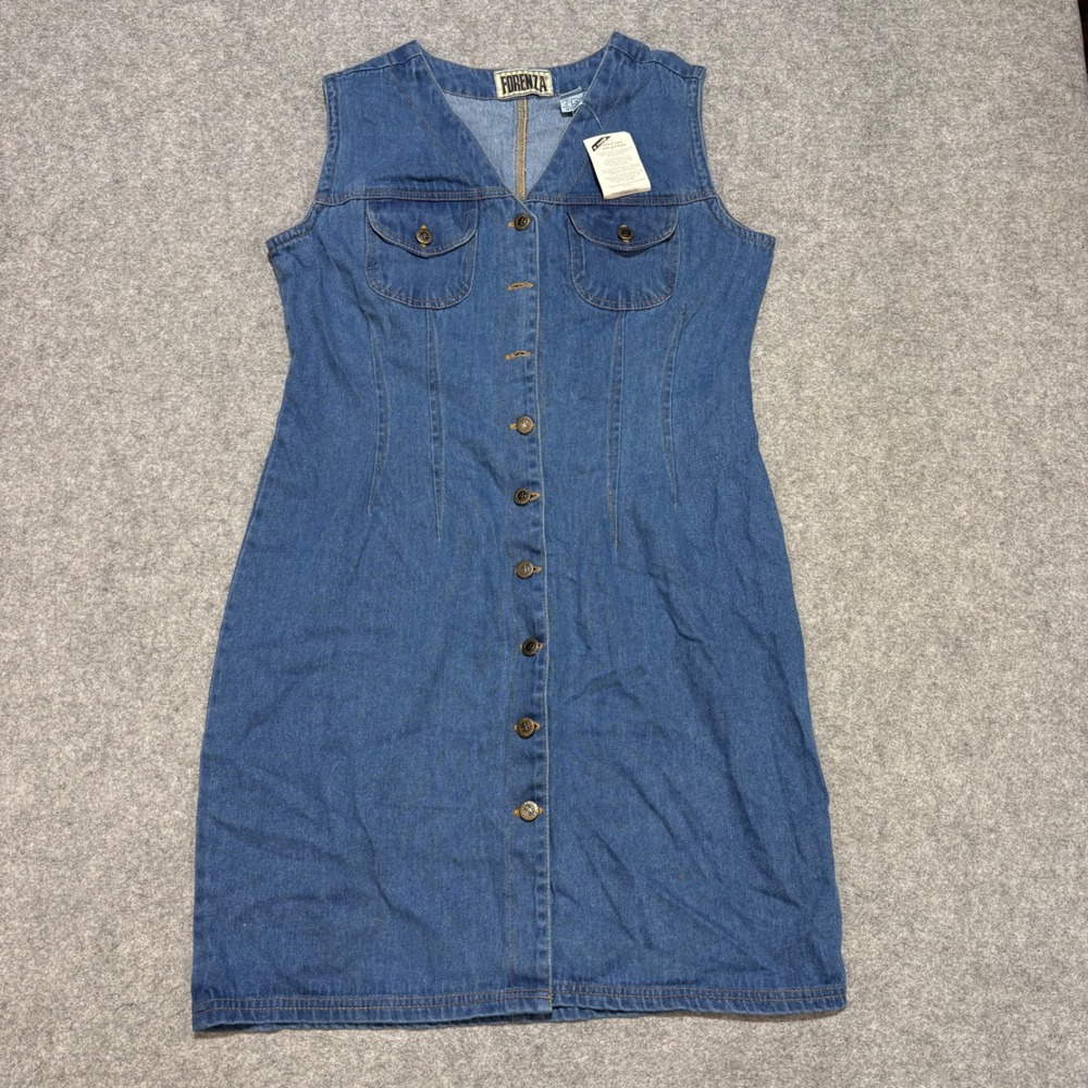 Vintage Forenza Denim Jumper Dress Womens 16 Medium Wash Button Front Sleeveless
